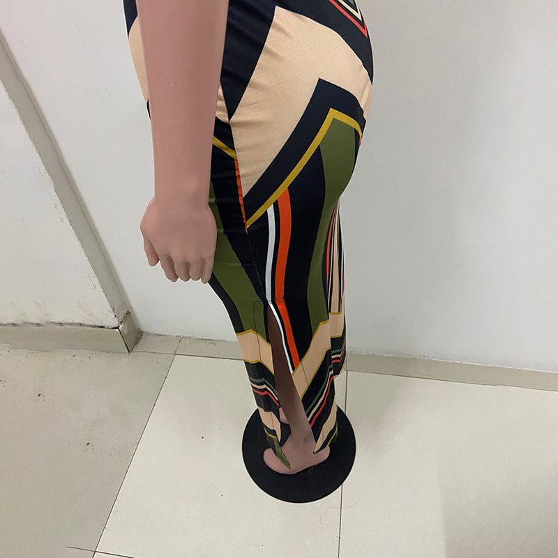 Colorful Striped Print Side Slit Maxi sexy lady dress