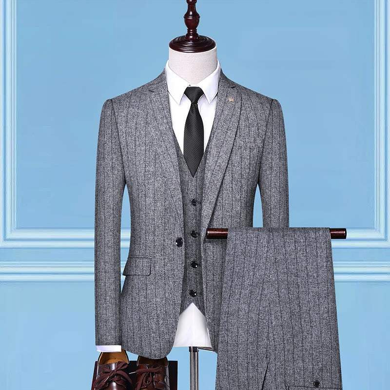 Men's Suit Three-Piece Wedding Banquet Suit Linen Stripe