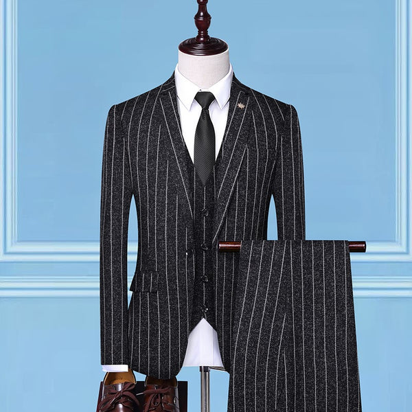Men's Suit Three-Piece Wedding Banquet Suit Linen Stripe