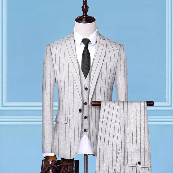 Men's Suit Three-Piece Wedding Banquet Suit Linen Stripe