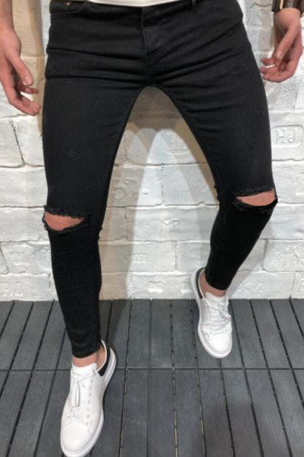 jeans de hombre lavados con agujeros en las rodillas de mezclilla de pierna recta