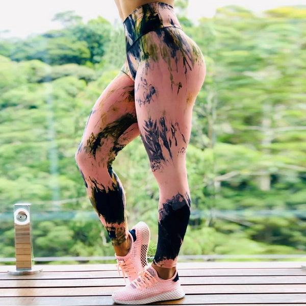 Leggings de yoga de cintura alta con patrón de tinta abstracta de entrenamiento