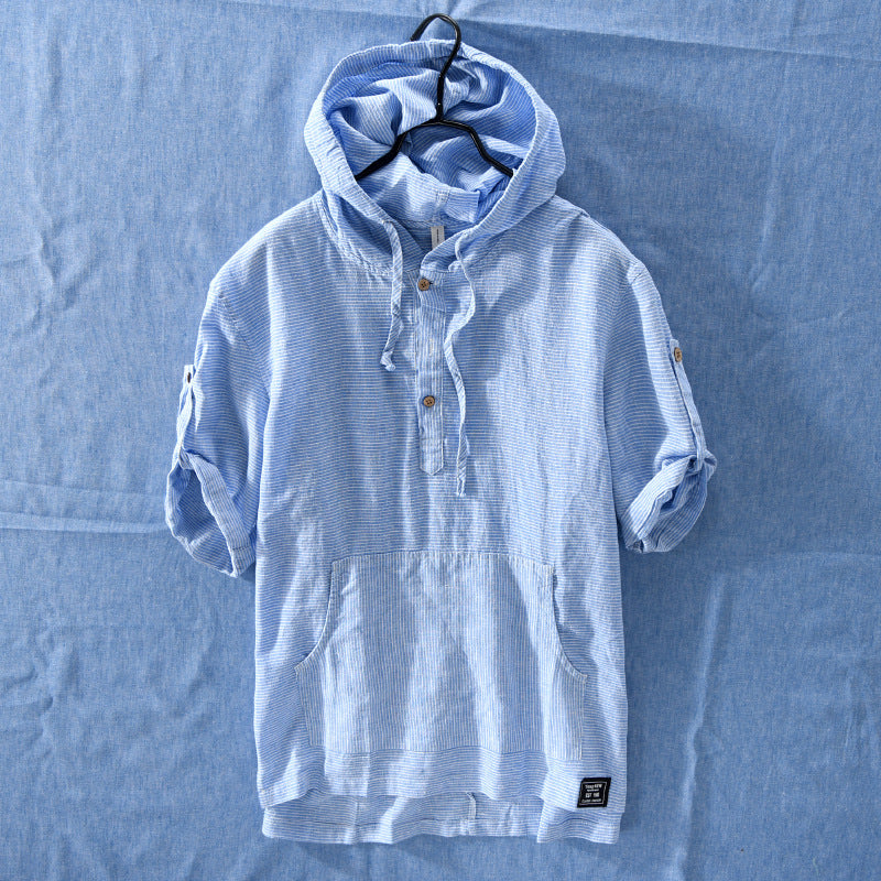 Summer Striped Hooded Cotton And Linen T-Shirt