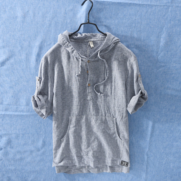 Camiseta de lino y algodón con capucha a rayas de verano