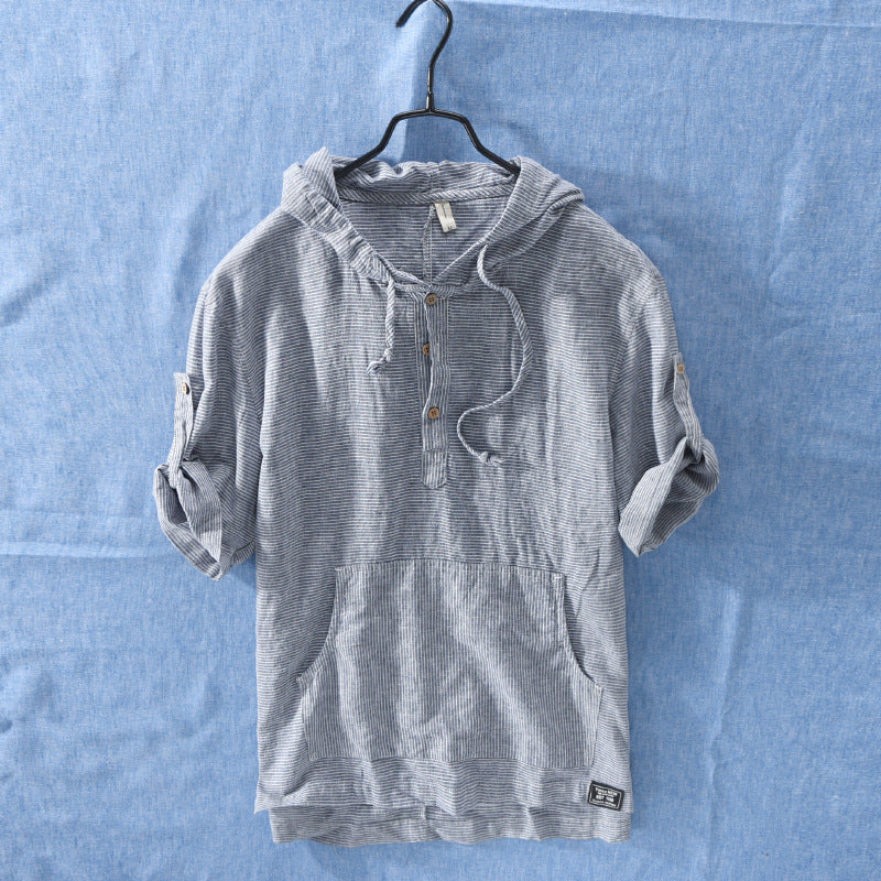 Summer Striped Hooded Cotton And Linen T-Shirt
