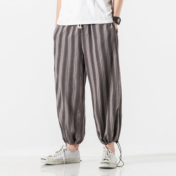 Linen Cropped Trousers Striped Cotton Linen Trousers