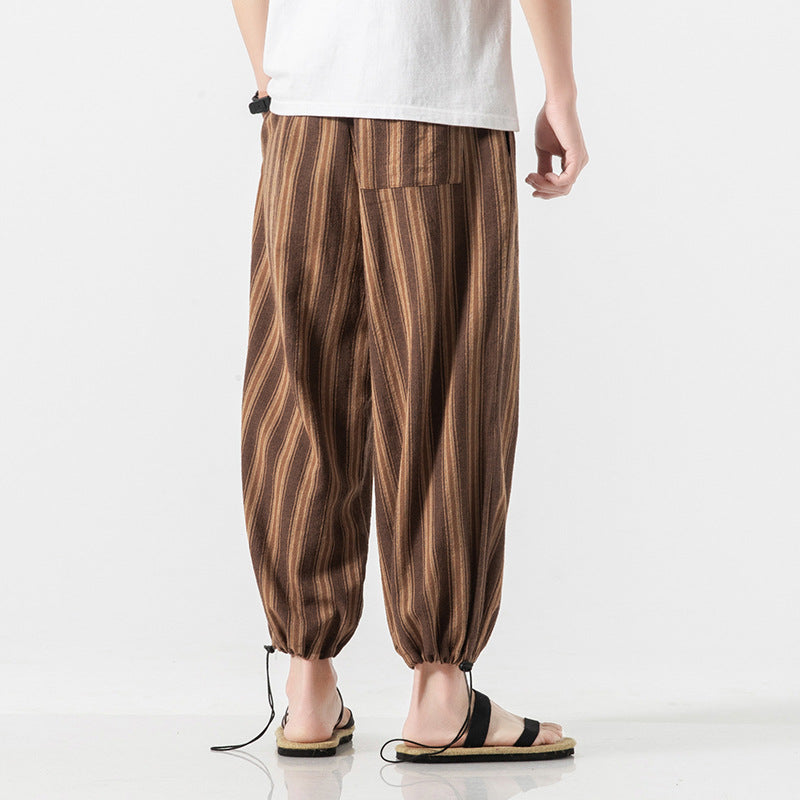 Linen Cropped Trousers Striped Cotton Linen Trousers