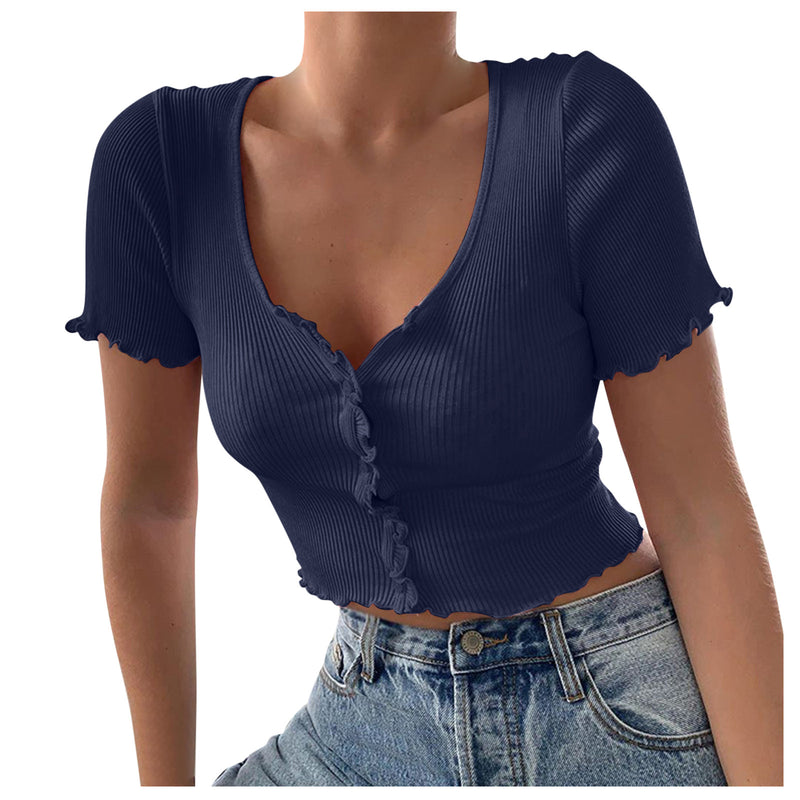 Summer Casual Button Crop Top Basic Blue T Shirt Tops