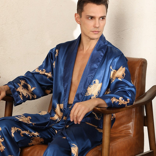 Luxury Silk Robe Pants Pajama Set Two-piece Imitate Silk Long-sleeved Pajamas