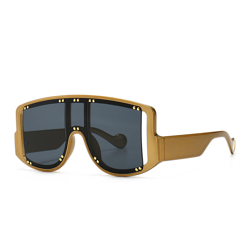 Large-frame Mask-shaped Wide-leg Rivet Inlaid Sunglasses