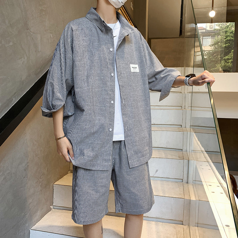 Summer New Striped Shirt Casual Five-point Pants Suit