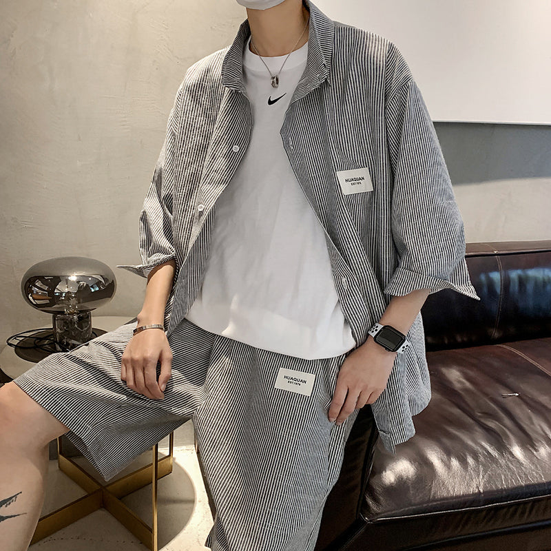 Summer New Striped Shirt Casual Five-point Pants Suit