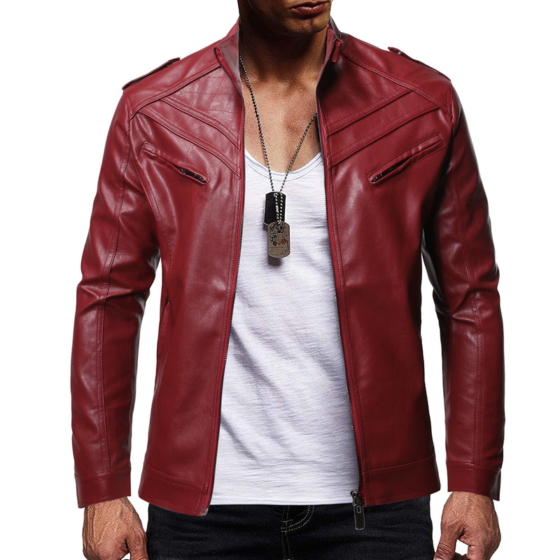 PU Leather Zipper Design Stand-up Collar jacket