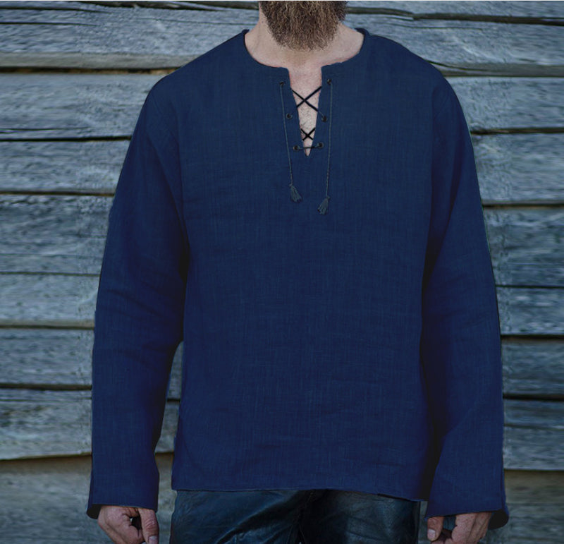 Men's Lace Up Loose V-Neck Long Sleeve Cotton Linen T-shirt