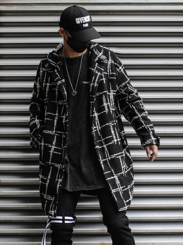 Black Plaid Mid-length Woolen Woven Coat