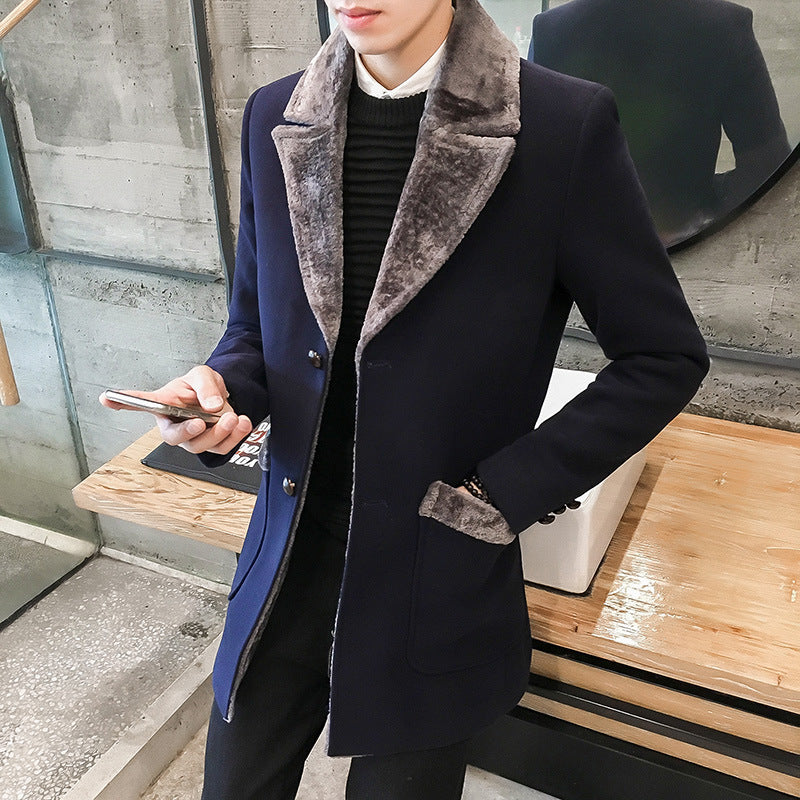 Mid-length fur collar plus size men's slim-fit woolen coat
