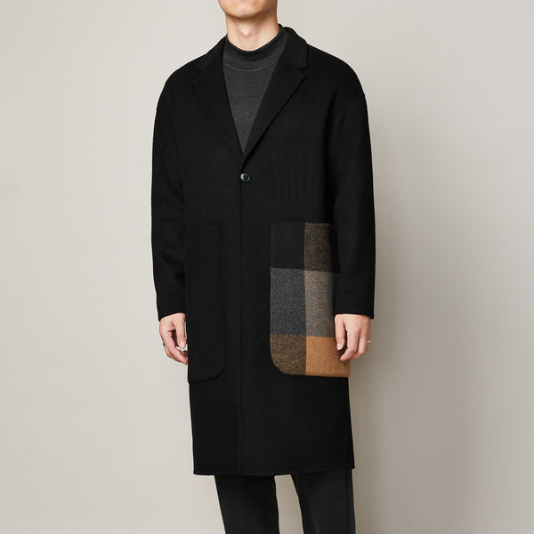 Fashion Men's Color Contrast Stitching Long Woolen Coat