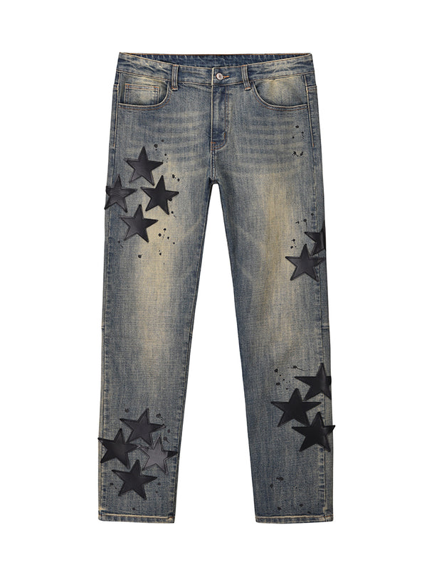 High Street Style Heavy Industry Star Leather Slim Jeans