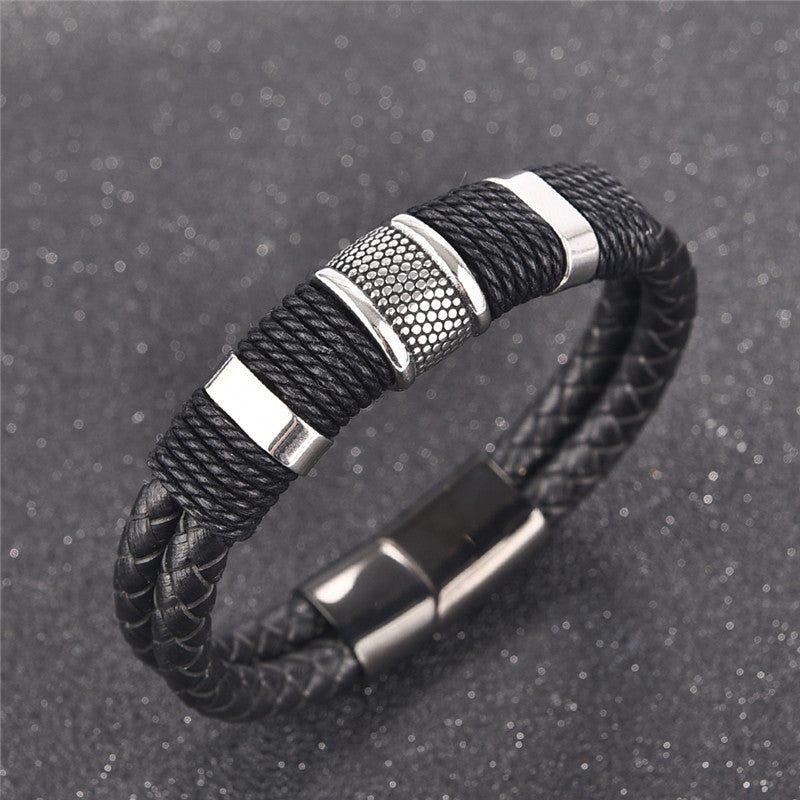 Black Braid Woven Leather Bracelet Titanium Stainless Steel Bracelet