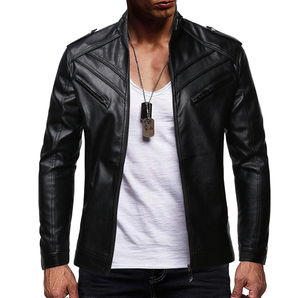 Chaqueta con cuello alto y diseño de cremallera de cuero PU