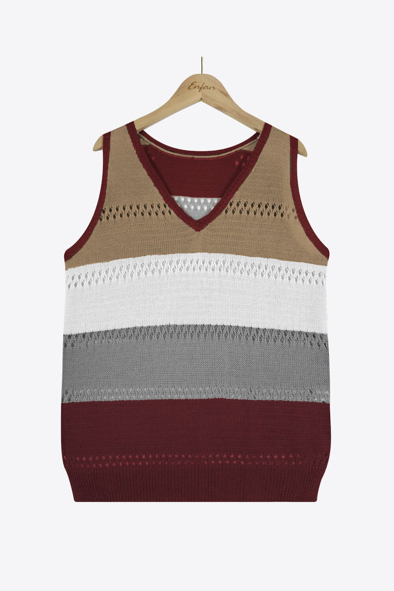 Striped Openwork V-Neck Knit Tank