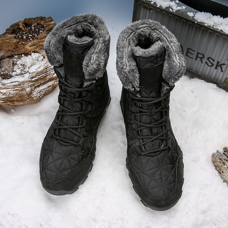 Botas de nieve de tobillo de tela impermeable y cuero de gamuza de felpa de piel cálida de invierno
