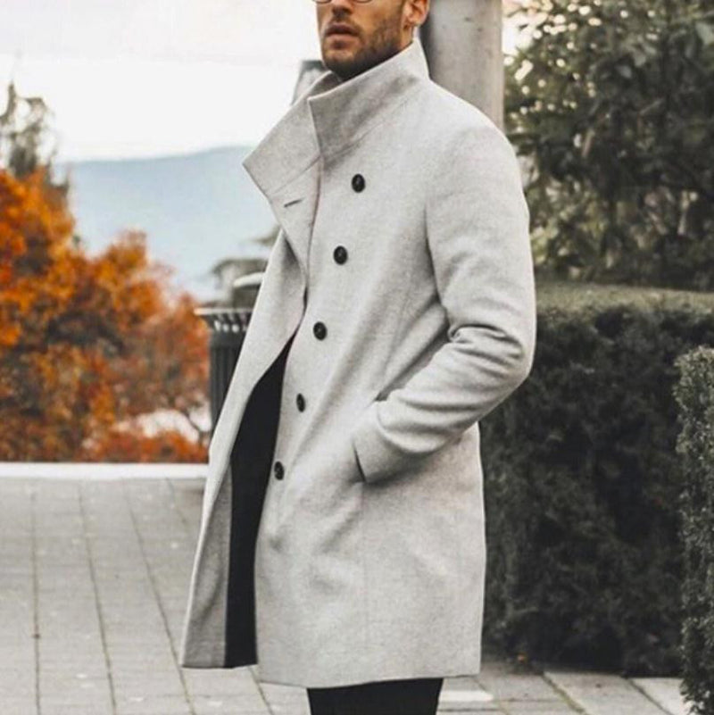 Men's mid-length stand-up collar woolen trench coat