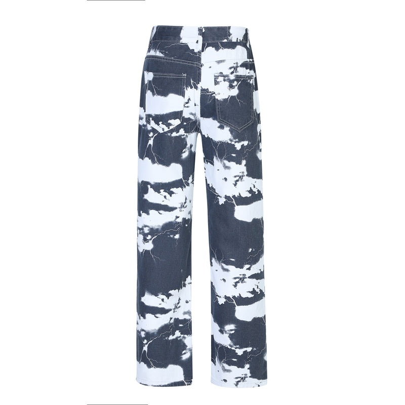 European And American Trend High Street Washed Tie-dye Printed Denim Trousers For Men