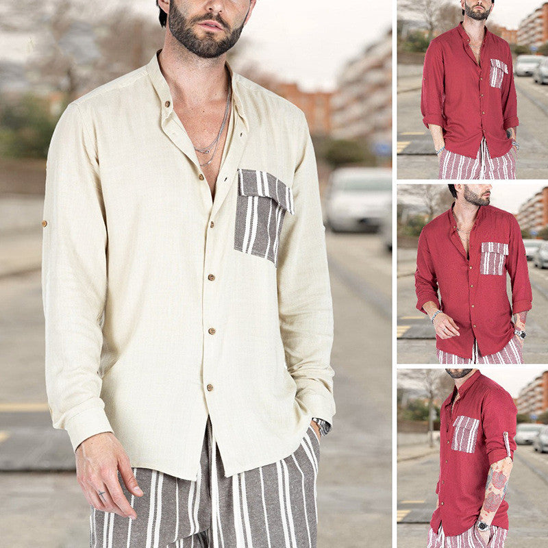 Men's Contrast Color Stitching Lapel Casual Shirt