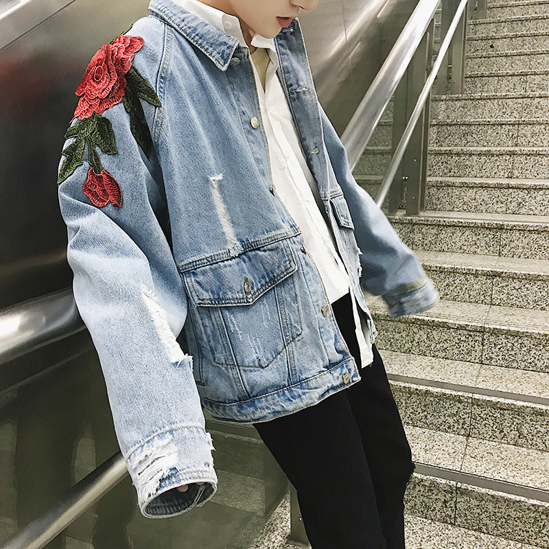 Spring safflower embroidered washed denim jacket