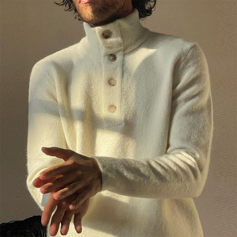 Men's White Slim-fit Stand up Collar Sweater Pullover Plush Jacket