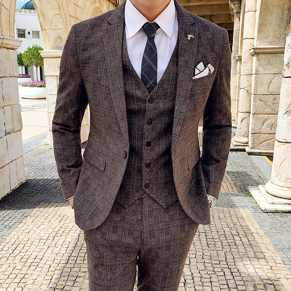 Plaid Korean Style Slim Men's Three-piece Suit