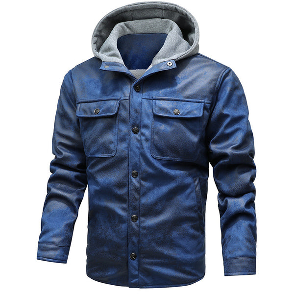 Men's Casual Leather Jacket With Hood And Cashmere