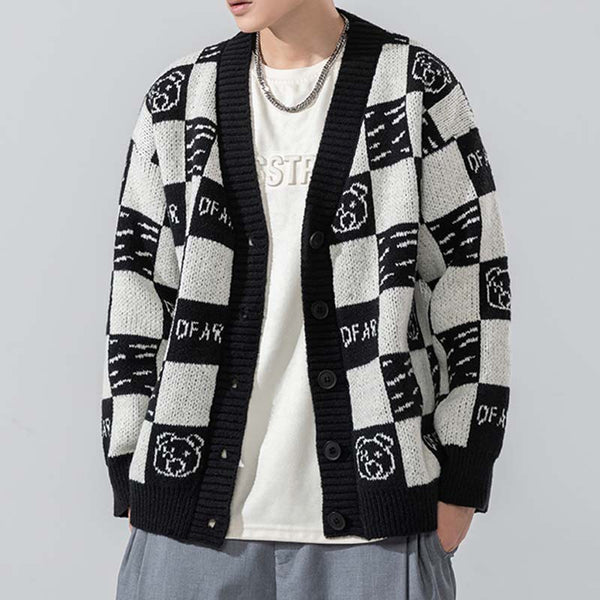 Knitted Cardigan Plaid Sweater Men's