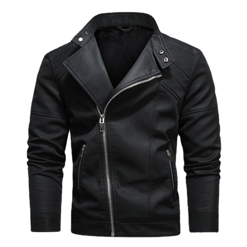 Men PU Leather Jacket with Oblique Zipper and Large Lapel Collar