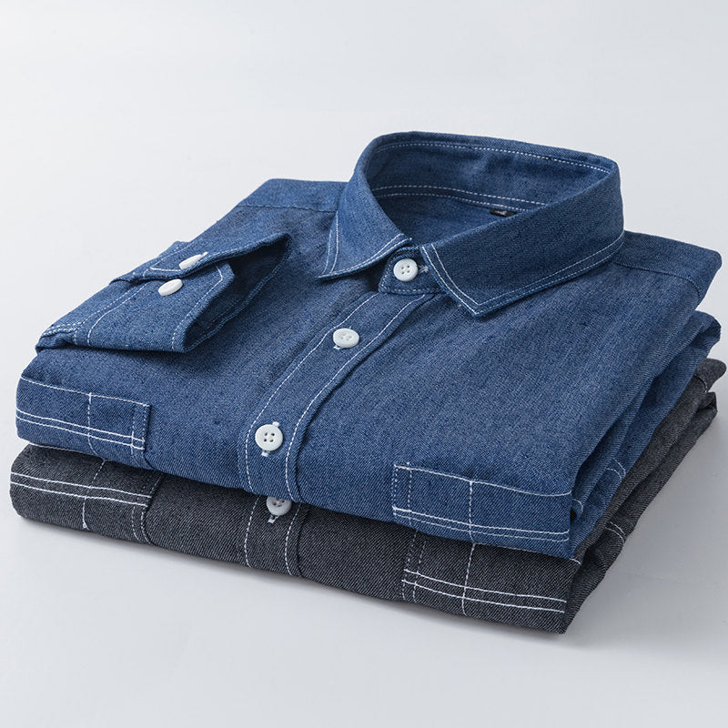 Men's Korean Casual Solid Color Slim Long-sleeved Denim Shirt