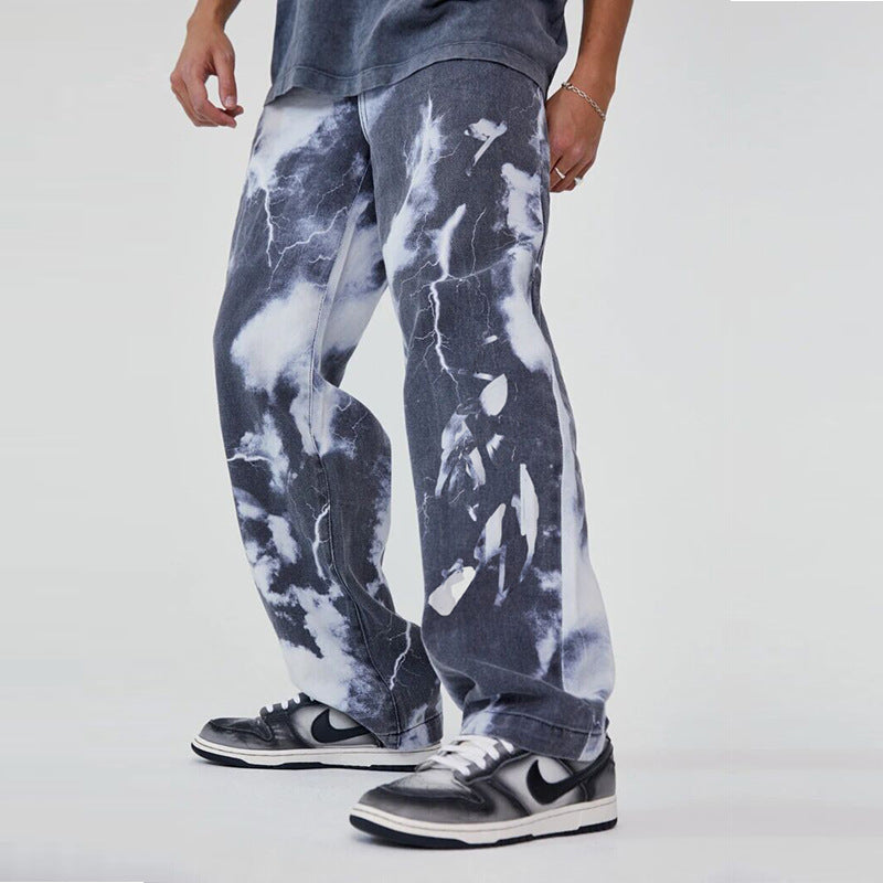 European And American Trend High Street Washed Tie-dye Printed Denim Trousers For Men