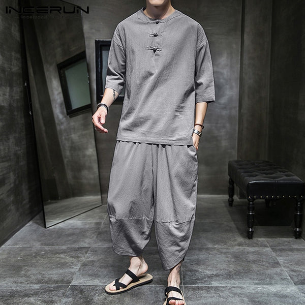 Ethnic style thin cotton and linen jumpsuit men