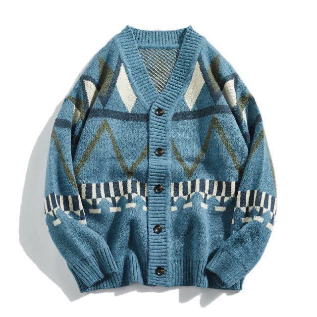 Rhombus Contrast Jacquard Line Casual Loose Sweater