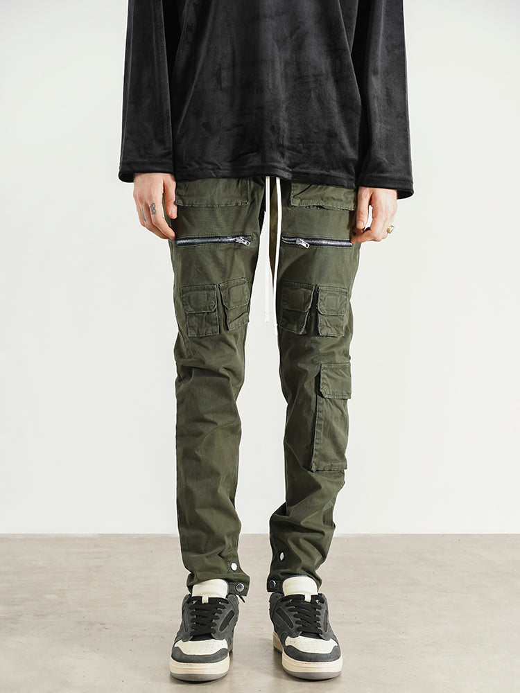 Washed And Worn Multi-pocket Slim-fit Small-foot Overalls
