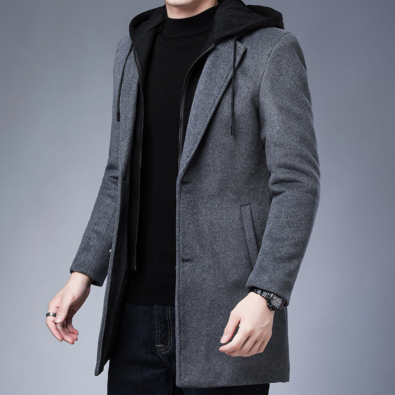 Men's Detachable Hooded Woolen Winter Coat