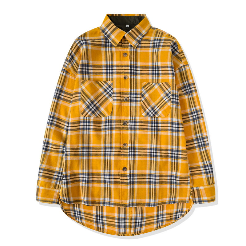 Yellow Lengthened Loose Plaid Casual Loose Shirt