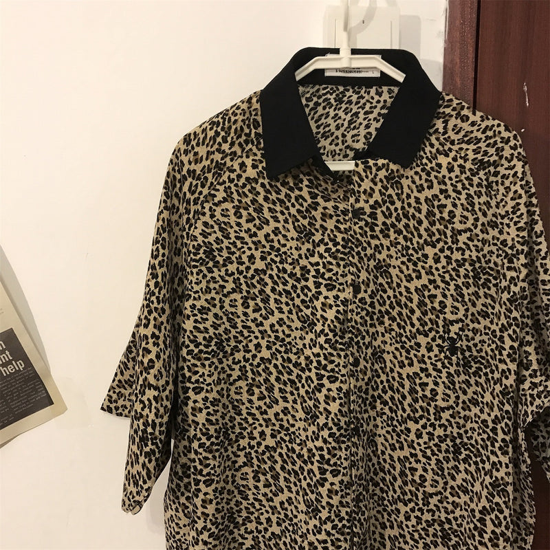 Leopard Five-Point Sleeve Chiffon Shirt
