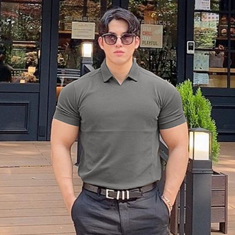 Solapa Color sólido Stretch Slim Fit manga corta Fitness camiseta hombres