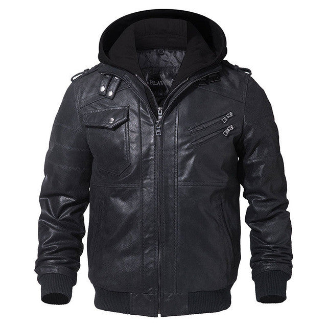 Chaqueta de cuero real para hombre Chaqueta de moto con capucha extraíble 