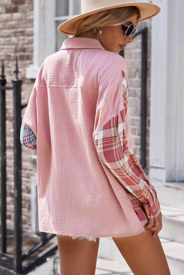 Chaqueta estilo camisa con hombros caídos y textura de bloques de color a cuadros