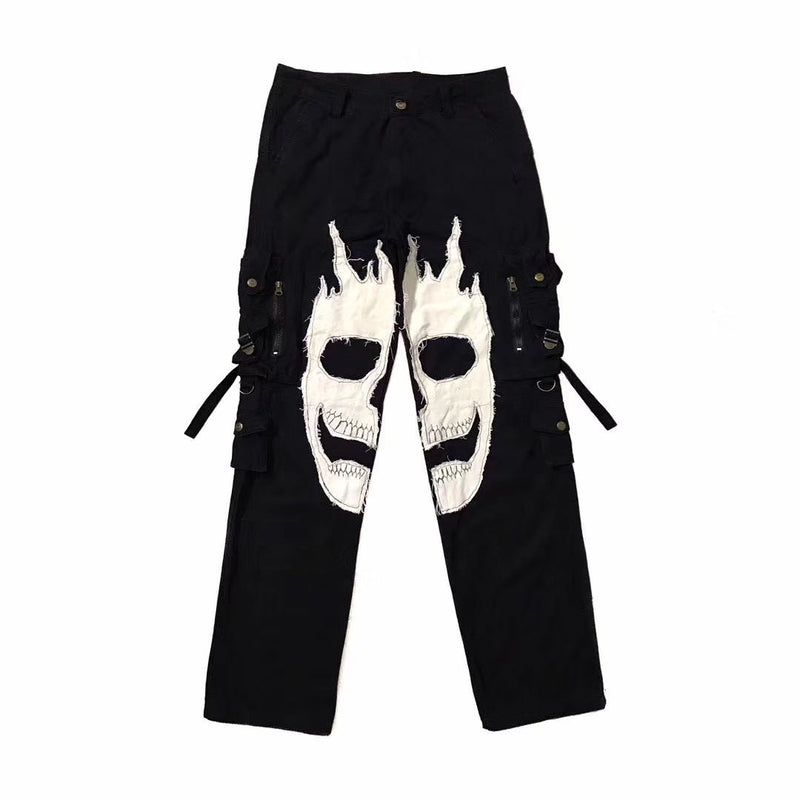Stitching skull pants multi-pocket functional zipper trousers
