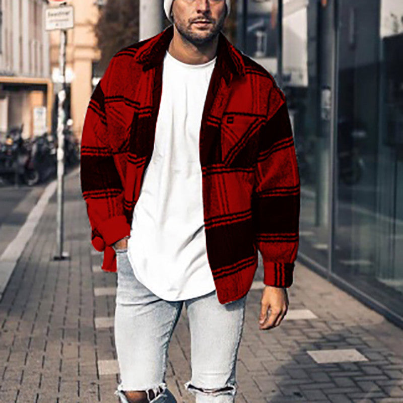 Casual lapel color matching versatile men's plaid jacket