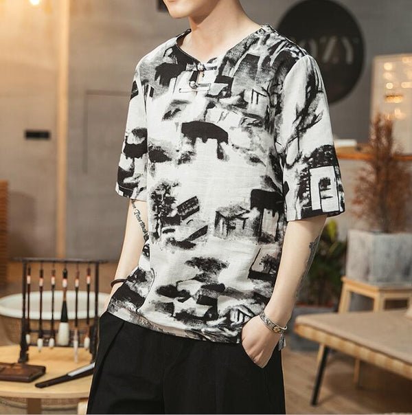 Printed five-point sleeve T-shirt