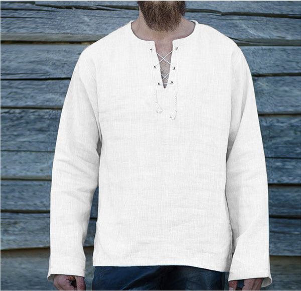 Camiseta de lino de algodón de manga larga con cuello en V suelta con cordones para hombre